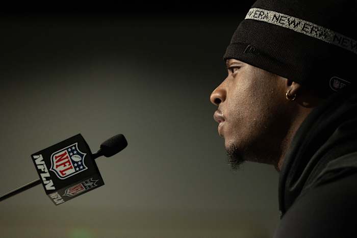 Alabama running back Brian Robinson talks to the media during the 2022 NFL Combine.